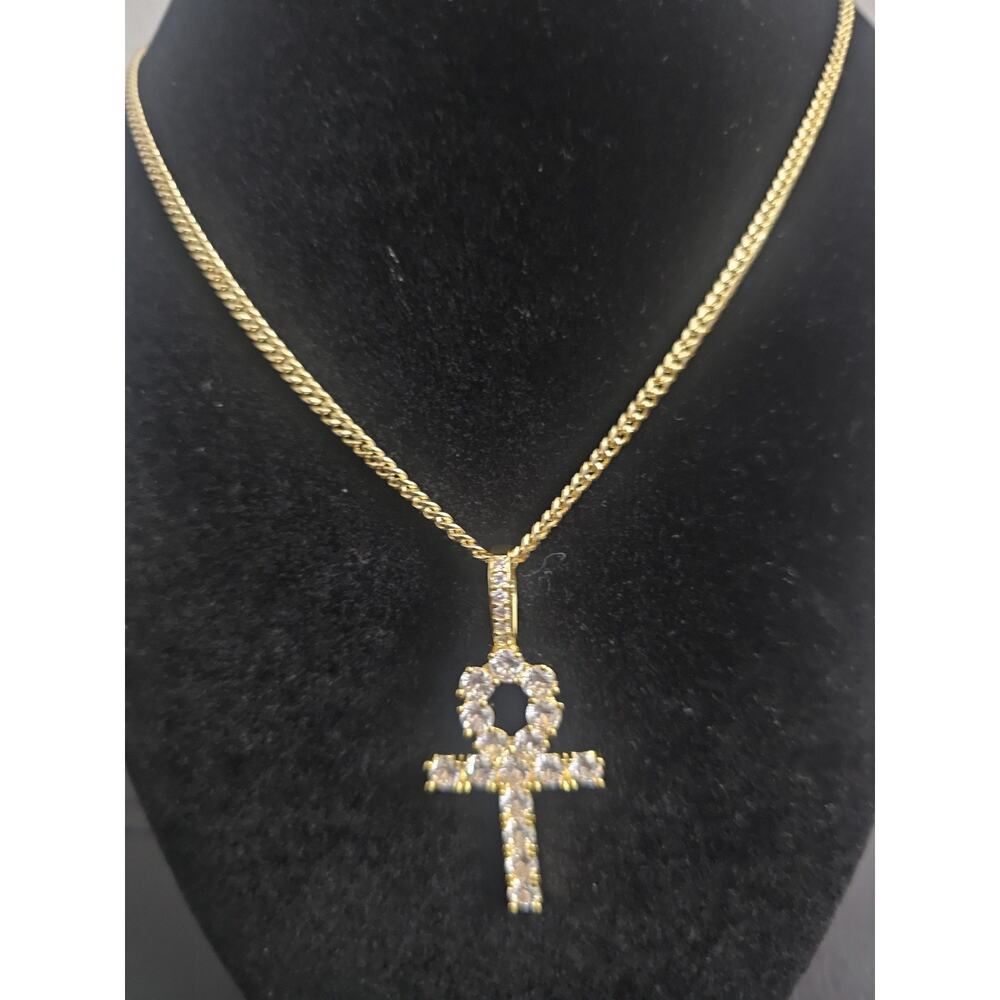 18in. 14k Gold-Plated brass-1.4mm skinny Cuban Link chain w/Ankh Cross CZ Charm